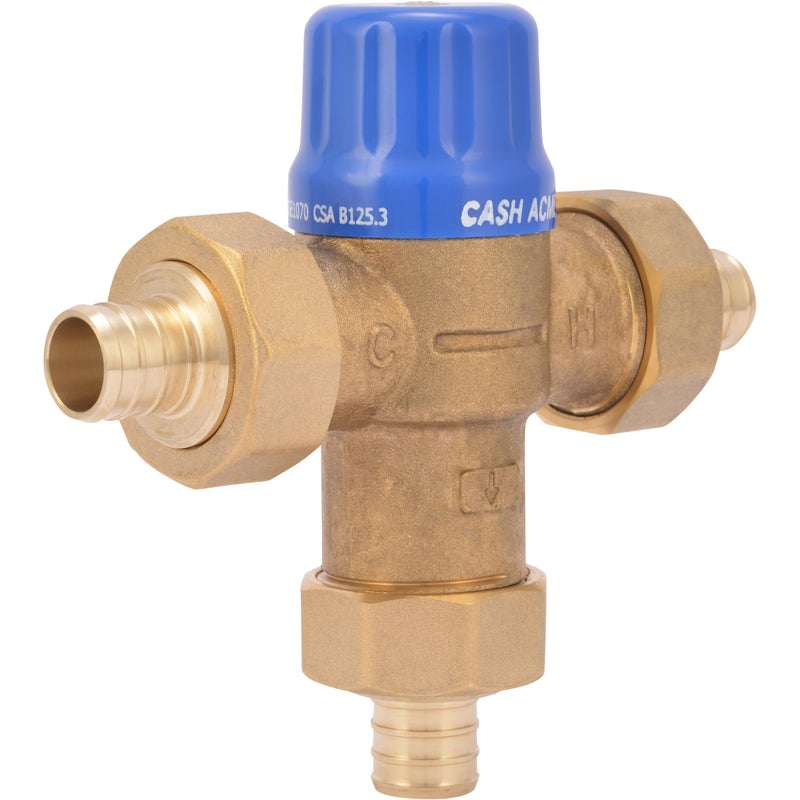Cash Acme 3/4 Inch HG110 Crimp Thermostatic Mixing Valve with Barb Connections and Integral Checks, Brass Plumbing Fitting, 24507 - Image 1